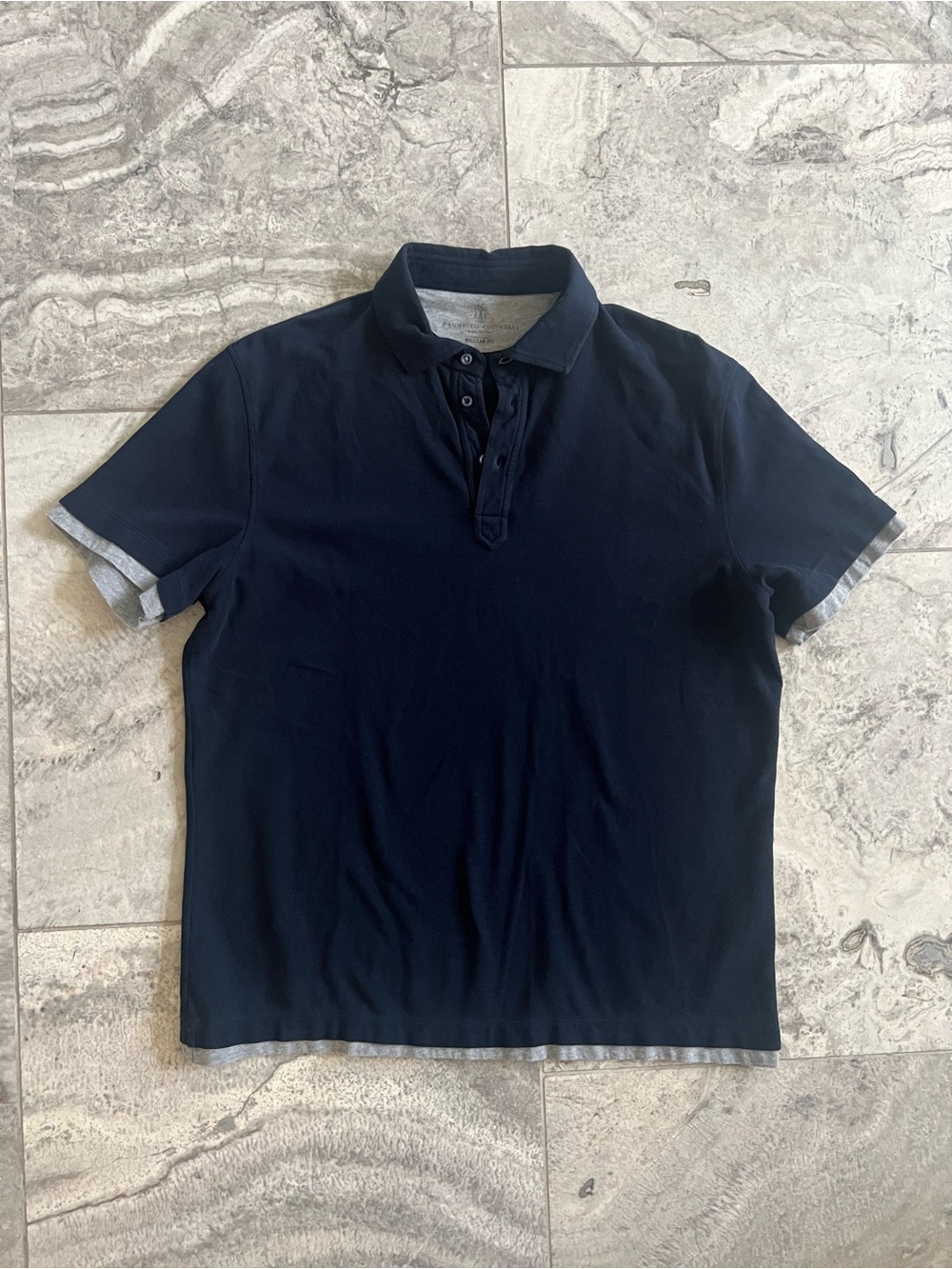 Brunello Cucinelli Men's Classic Cotton Navy Polo Shirt with Faux Layering